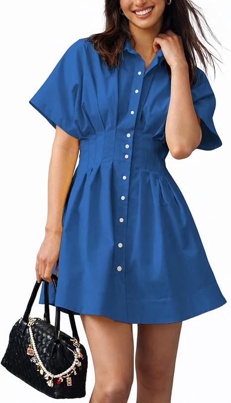 Women's Mini Shirt Dress Button Down Short Sleeve Collared Dress | Women's Mini Shirt Dress, Summer Cute Dress, Cinched Waist Dress, Work Dress, Business Style,Button Down with Pocket