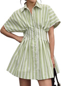 Women Button Front Pleated Shirt Dress Summer Casual Short Sleeve Pleated Blouse Mini Dress