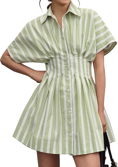 Women Button Front Pleated Shirt Dress Summer Casual Short Sleeve Pleated Blouse Mini Dress