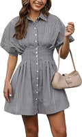 Women 2026 Short Sleeve Button Down Elastic Waist Mini Striped Dress with Pockets