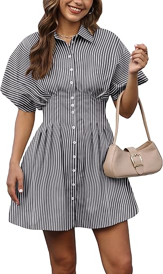 Women 2026 Short Sleeve Button Down Elastic Waist Mini Striped Dress with Pockets