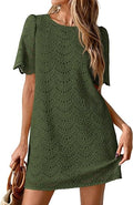Women's Summer Eyelet Lace Short Dress | Hollow Out Embroidered, Short Sleeve Crewneck, Cute Wavy Cuff, Mini Shift, Boho Casual, Elegant Party, Beach Vacation Clothes